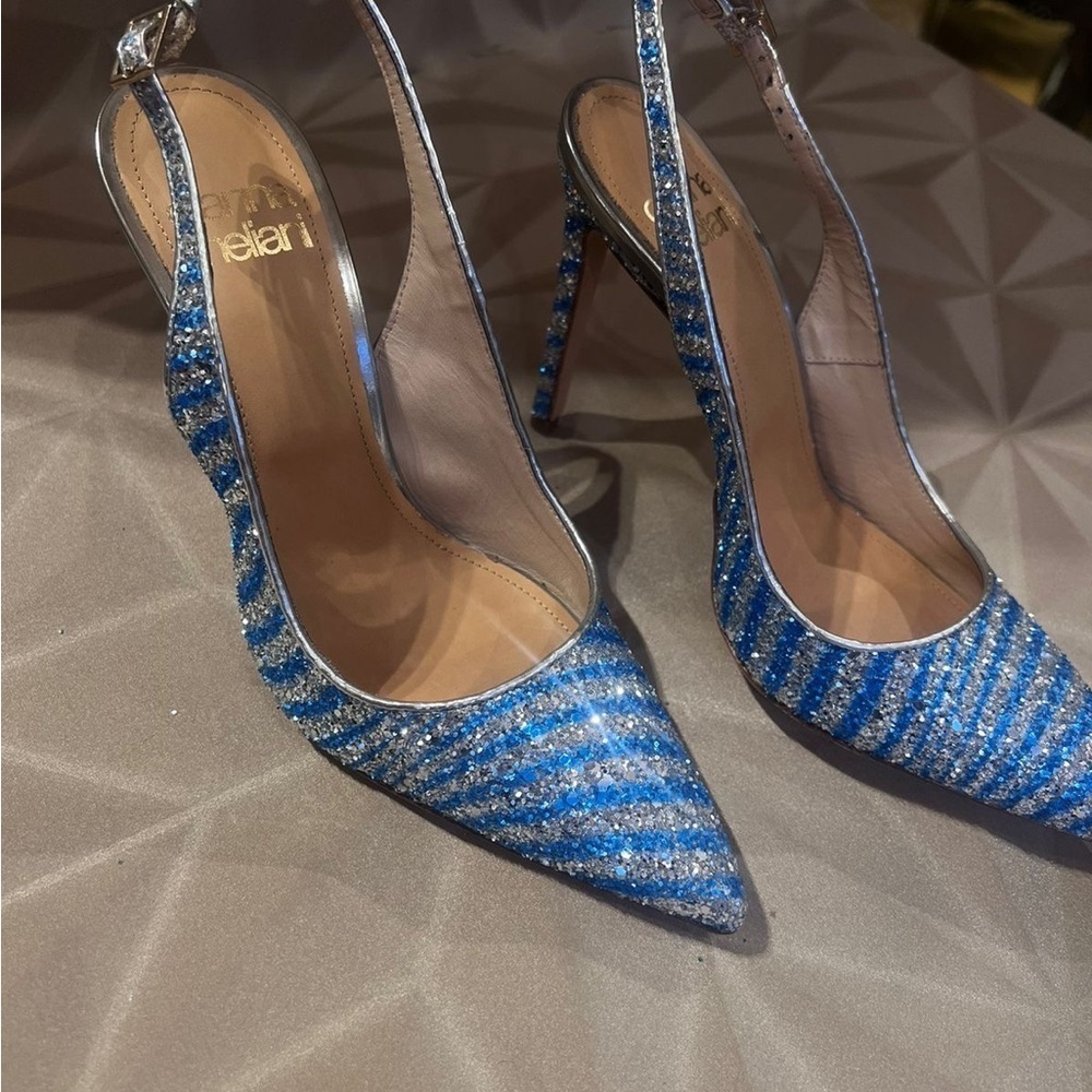 Gianna Melani made in Italy Dazzling Blue and Silver Glitter slingback Heels NWT